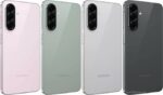 گوشی‌های Galaxy A56 سامسونگ در رنگ‌های مختلف: مشکی، نقره‌ای، آبی و سبز، با نمایشگر Full HD Super AMOLED