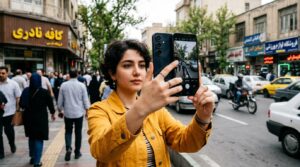 گوشی سامسونگ A57 در دست یک کاربر جوان در یک فضای شهری شلوغ